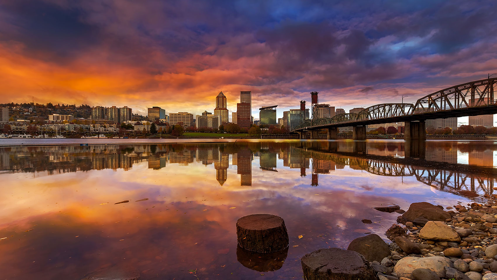 View of Portland from shoreline at dusk