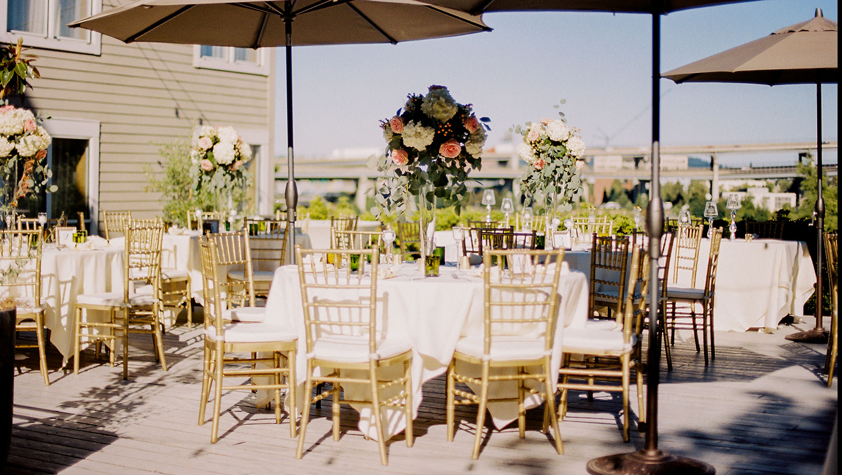 outdoor terrace wedding set with round tables