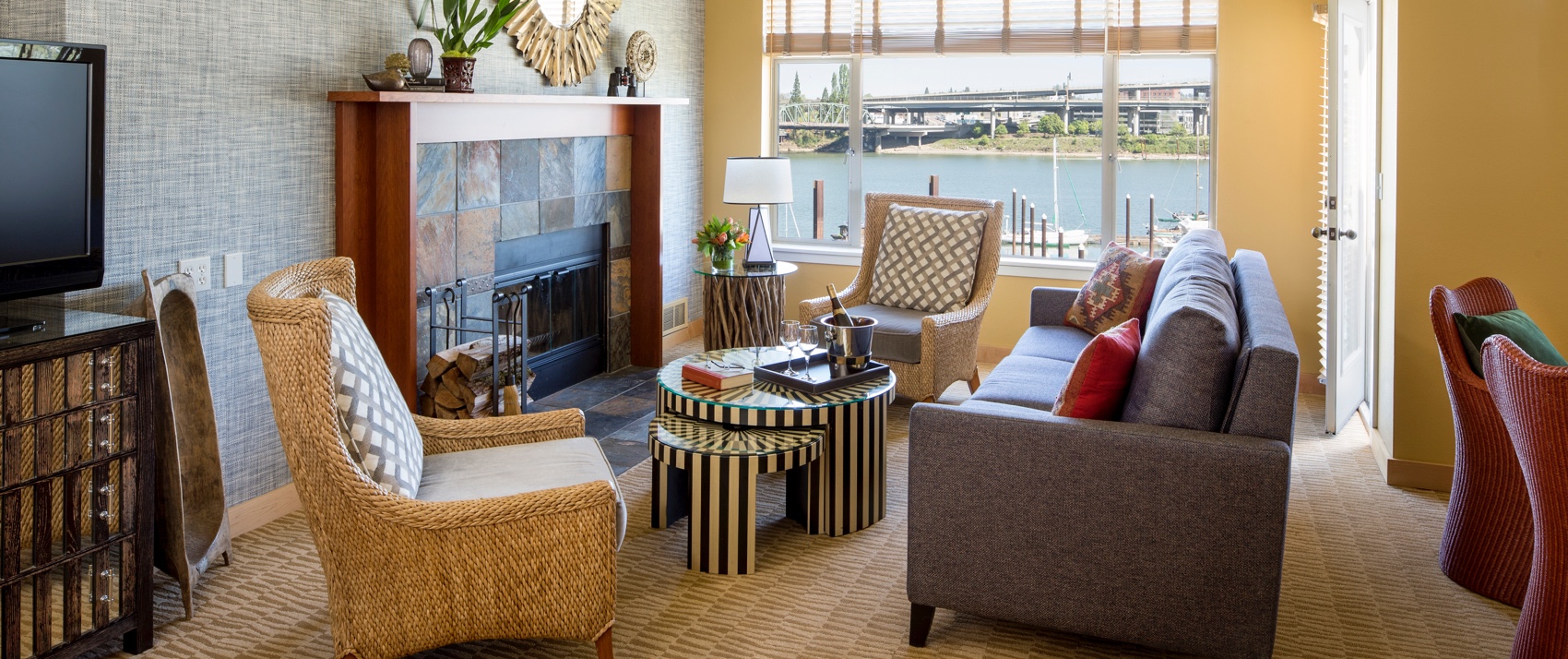 Guest Room with fireplace and view of the river in the window