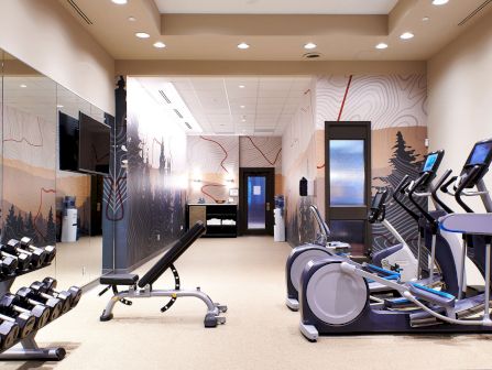 A modern gym room with weight racks, dumbbells, and cardio machines like ellipticals and treadmills.